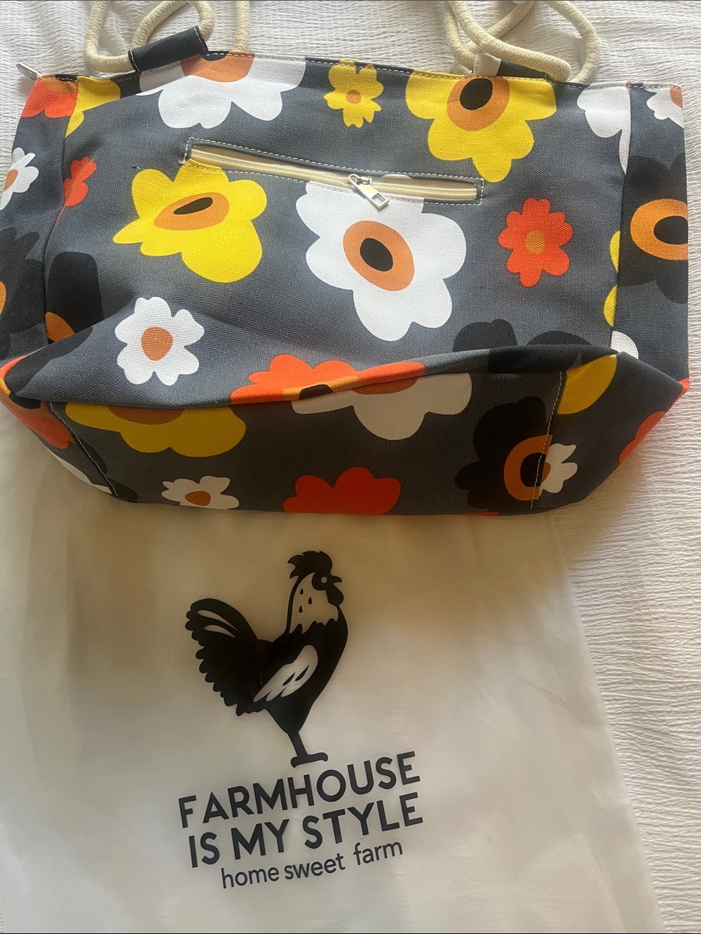 Farm House is My Style SummerBlooms Canvas Tote w/Rope Handles-GY, YW,OR WHT - Picture 4 of 4